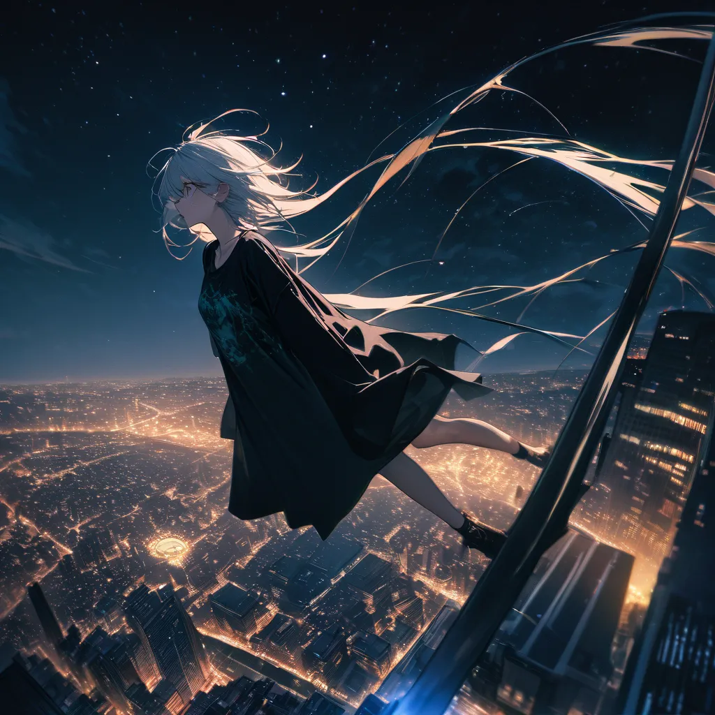 Hi-Res, Best Quality, Hi-Res,  super fine, 16k, very absurd, very well detailed,  sits on a trapeze suspended between two skyscrapers, looks into the distance,  wear a loose long t-shirt,  The enchanting look of , wind, wind-effect, Moonlit Sea, (amazing v...