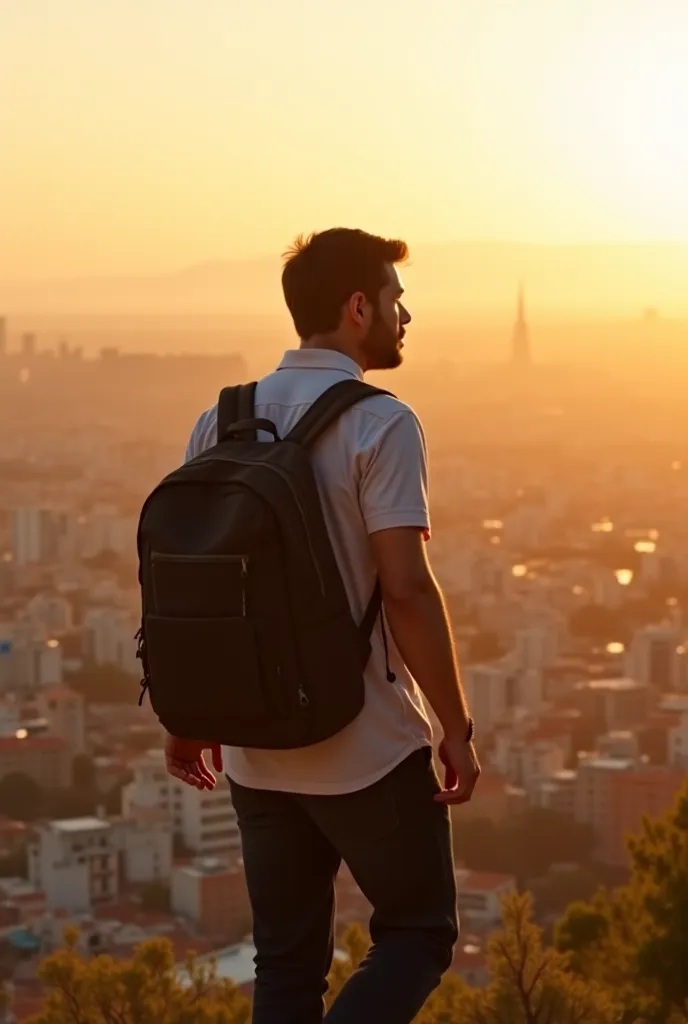 Carlos,  man in his 30s , walking with a firm and decisive step, backpack on the back, looking towards the horizon with an expression of determination, city in the background disappearing,  golden afternoon light , cinematic overview, hyperrealistic style,...