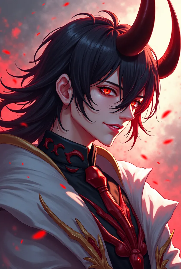 As an image of an anime villain , Male Hair,waist-length coffee hair,red eyes ,White king clothing with red and red silver touches and a horn