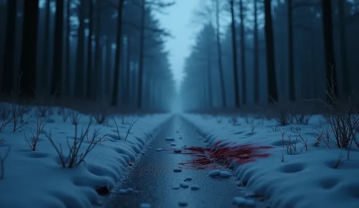 "A dark, atmospheric background inspired by Dexter: New Breed, rendered in hyper-realistic 3D style. The scene is minimalistic yet cinematic, with deep shadows and cold blue lighting, evoking a chilling and eerie mood. A snowy forest at night stretches int...