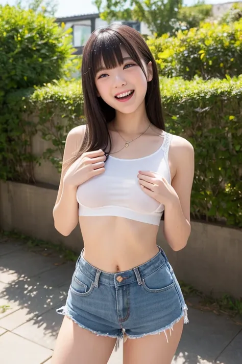  has bangs。Her nipples are standing without a bra and in a tank top。her legs are open and you can see her pussy and she's laughing。