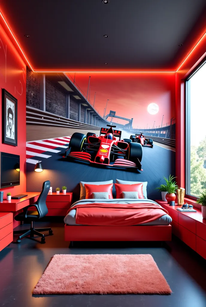 Create a photo of a bedroom with Formula 1 wallpaper