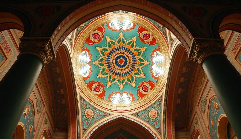 draw an ancient Persian ceiling from inside the building, upward. the ceiling is beautiful with different patterns and red, green, blue, cyan vivid and bright colors. cinematic, highly detailed.