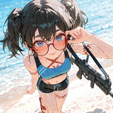 score_9, score_8_up , score_7_up , score_6_up , score_5_up , score_4_up , 4K, 8k,  1girl , Alone,Black short twintails ,blue eyes,blue  jogging bra, black hot pants,red beach sandals,face focus, depth of field,Oversized stylish sunglasses with round red fr...