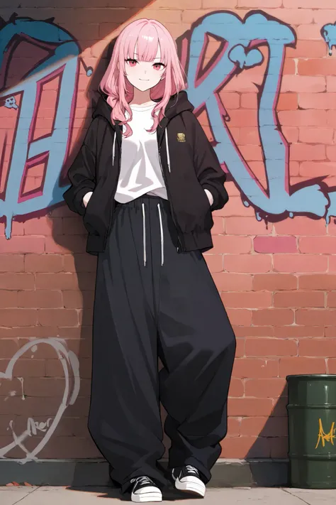 a cool and stylish girl inspired by Mori Calliope, a VTuber. She has long pink hair and a confident yet relaxed expression. She wears black long baggy pants and an oversized white T-shirt, giving her a casual and fashionable look. Her hands are tucked into...