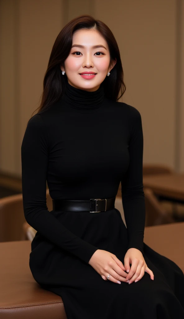  A woman, sitting on a table ,   wearing a black long sleeve turtle neck sweater,  Using a long skirt to the toe maxi model in black, big breasts, beautiful smile 