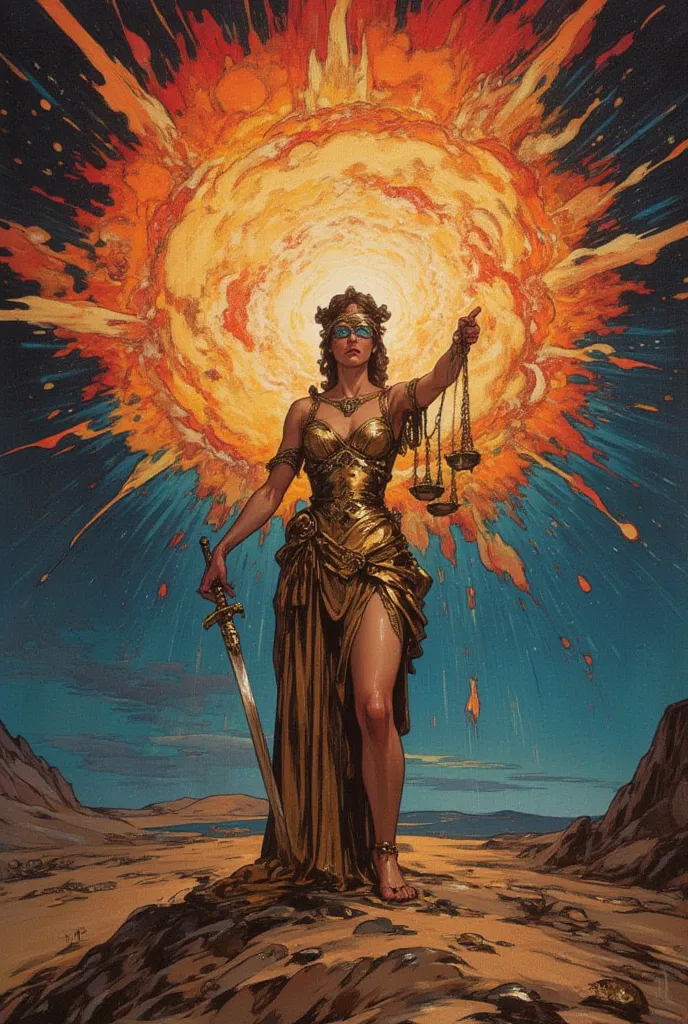 Lady Justice stands at the heart of a cosmic storm, blindfolded yet unshaken. Behind her, an explosion of molten gold, crimson, and deep blue erupts like the birth of a new universe, symbolizing the raw power of truth. Her bronze armor gleams with reflecti...