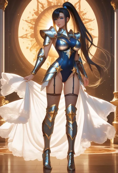 sexy pose, standing,  beautiful, Asuna_(Star), (1 ,Alone) ,Fantasy, high resolution, (Worn in a scabbard around the waist:1.3),  golden armor,  long hair, big breasts, fringe ,Delicate blue eyes, nice background, (( morning sun ,Western Style Private Room)...