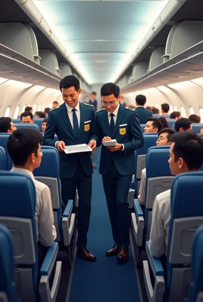 Asian male stewards are serving on the plane