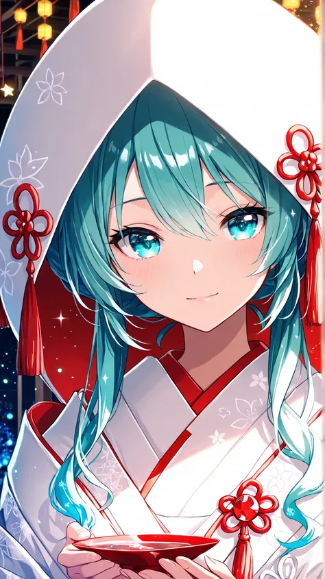 ((detailed eyes)),((correct_anatomy)), soro, SHM13, hatsune miku, 1girl, wataboushi, uchikake, yuki miku, japanese clothes, kimono, hood, sakazuki, long hair, aqua hair, light smile, very aesthetic, absurdres,ultra detailed, (beautiful eyes, detailed eyes:...