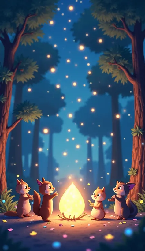 
A joyful forest celebration under a sky full of glowing stars, all the animals dancing and celebrating around the returned moonstone, which shines brightly in the center. Lumi, the squirrel, and the owl laugh together. The trees glow in soft pastel colors...