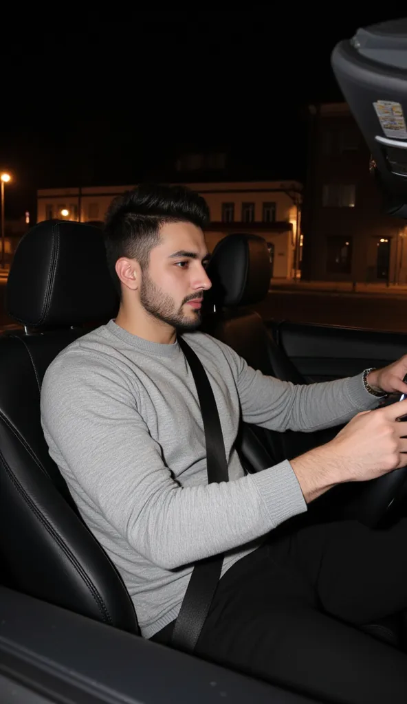 a handsome young turkish guy with muscle, dark very short hair fade middle parting and goatee beard  he wearing a light grey sweater and a black pants and a light grey glossy thin steppvest. he is in a cabrio car with black seats he driving amateur photo r...