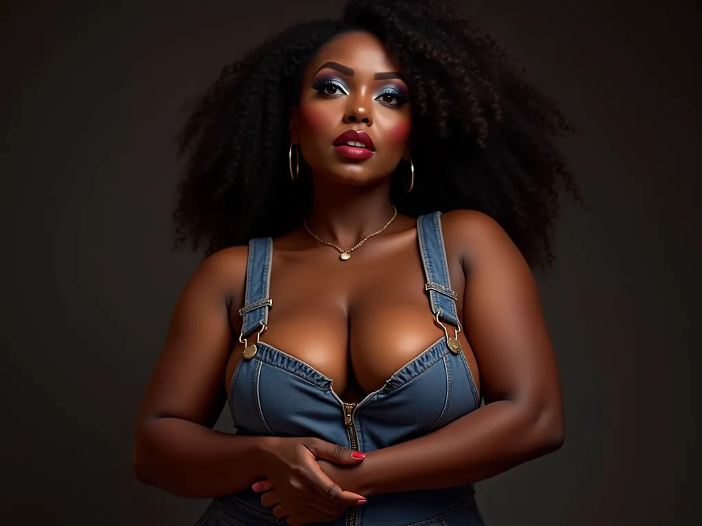 Beautiful curvacious black woman, blue eyeshadow, black wing eyeliner, deep red lipstick. sensual pout, wearing overalls, no clothes underneath,  squeezing boobs together with her arms, high realism