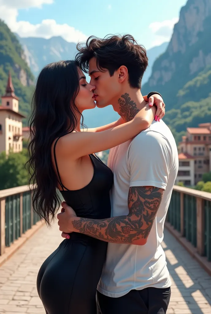 

Friends standing kissing on a bridge against a background of mountains and buildings in Andorra ( uma Mulher Danielle laz fair skin with glossy light brown eyes perfect long black hair shiny velvet mouth tattoo on the neck and the hand ) wears a tight bl...