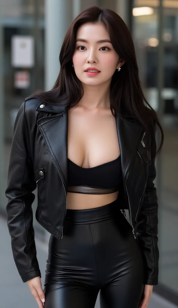  an office lady, standing in front of the office, using an open tight leather jacket without a bra, using black latex trousers , big breasts