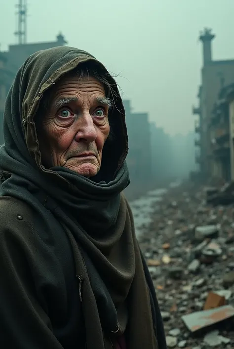 Make a surprised ager, hiding behind a garment watching a city destroyed by pollution 