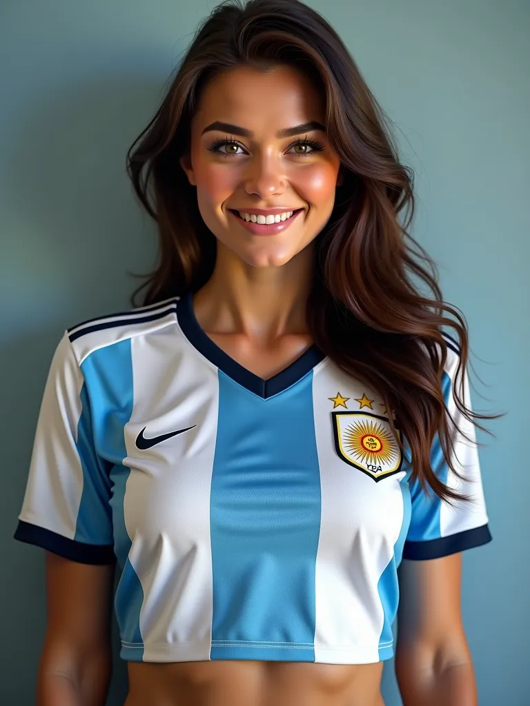  Sexy brunette girl ,  20 years old , athletic body, firm second size breasts, wearing argentina soccer team jersey, smiling, fit body , large breasts, (Best quality, 4K, 8k, high resolution, masterpiece: 1.2), ultra detailed, ( realistic, photo realistic,...