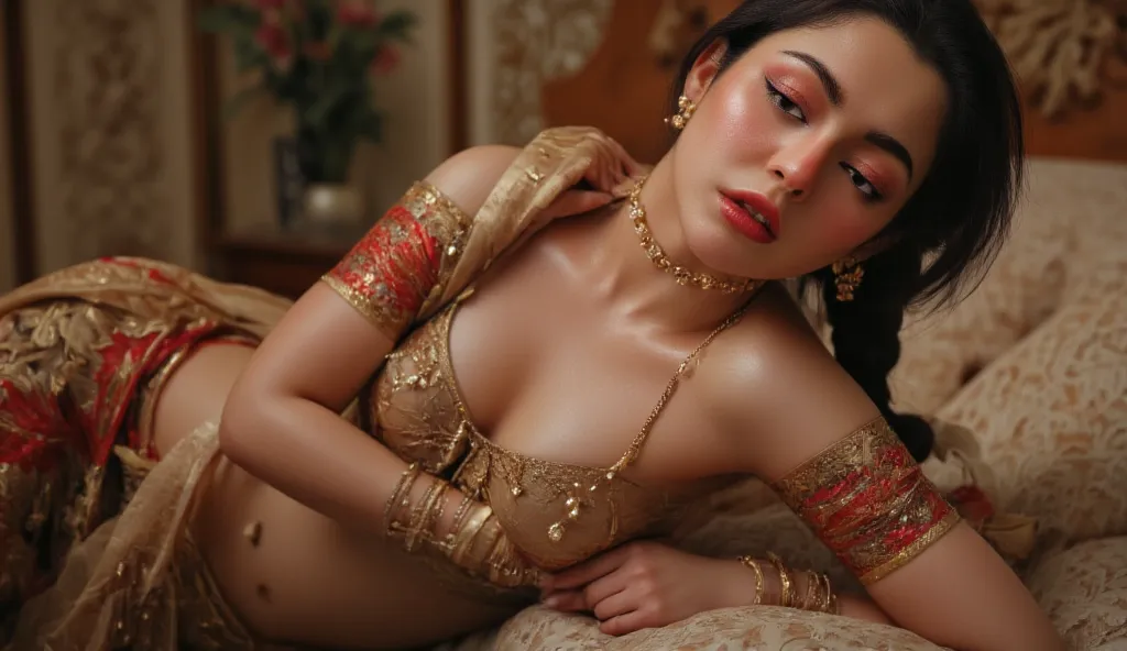 a captivating scene of a Pakistani busty, A stunning woman with a voluptuous figure huge cleavage, wearing a beautifully designed saree draped elegantly over her shoulder. lying in the bed, she is feeling horny, side angle, lying on her arm HaniaAamirFlux
...