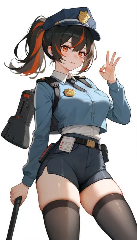 score_9, score_8_up, score_7_up, score_6_up, score_5_up, score_4_up, (masterpiece: 1.0), best quality, 1girl , Alone, Viewer, simple background, Expression of disdain, Victory Gesture , blush, Disdainful Eyes, Police Uniform, Black Stockings, big breas...