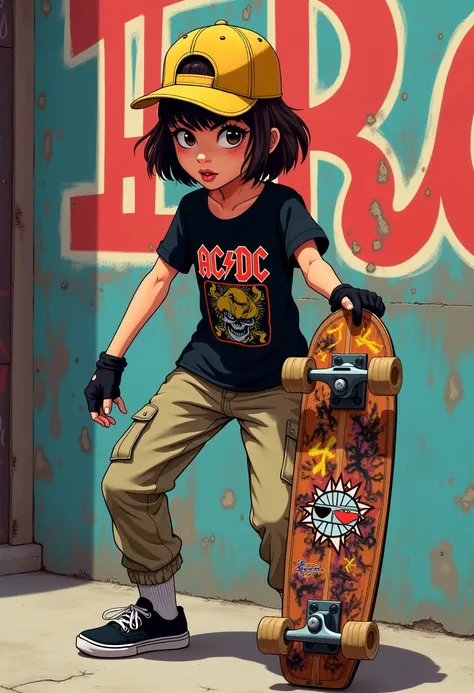 Hyper detailed illustration of a young skater girl, brunette, short hair, black sneakers, khaki cargo pants, black t-shirt with AC/DC print, mustard cap, skateboard with rock and roll prints, street skateboard background with hip hop graffiti, profile pict...