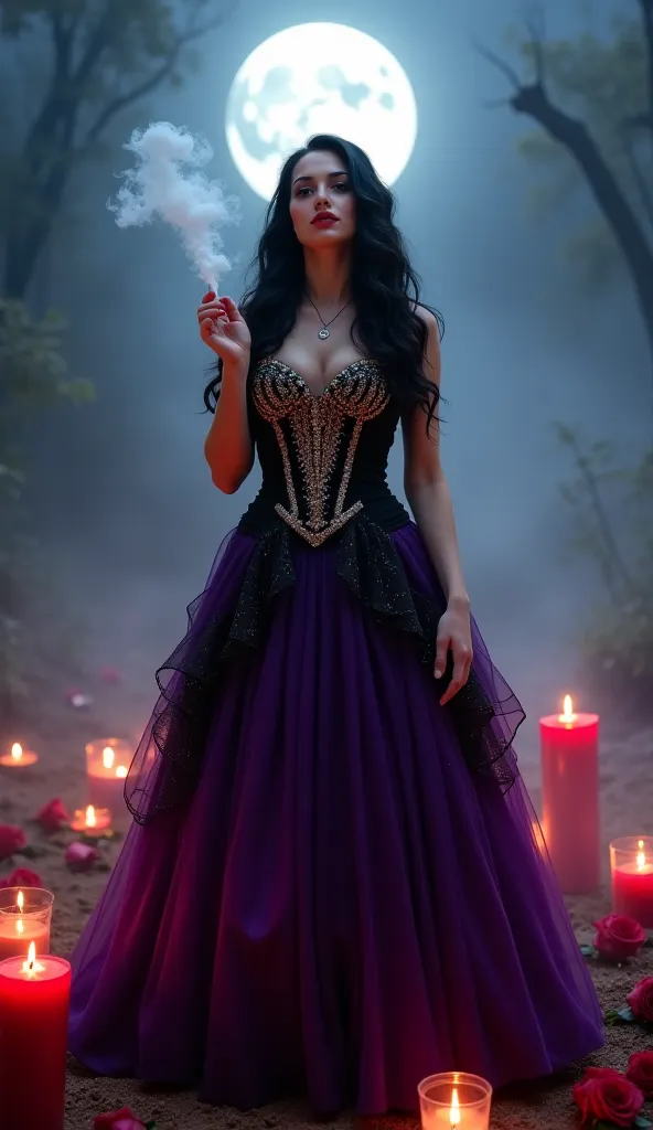 35-year-old woman, looking forward,  black hair with light mystical waves standing in the center of a crossroads under the light of the full moon. Her purple and black dress shines with gold details. The top part of the dress is a corselet embroidered with...