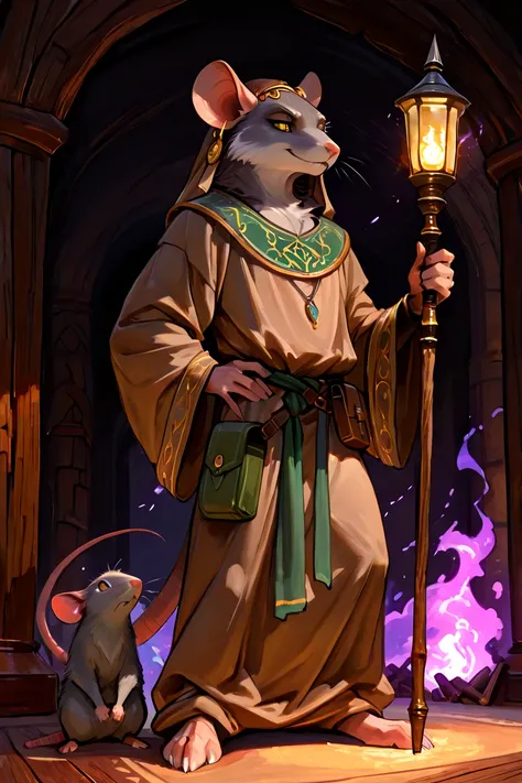 ((masterpiece, best quality, ultra detailed)), ((furry, anthro)), ((arabian, dark fantasy)), ((male, man)), ((rat, mouse)). a detailed portrait of an elderly ratfolk alchemist, wearing a reddish-brown robe and a dark green pouch at his waist, holding a sta...