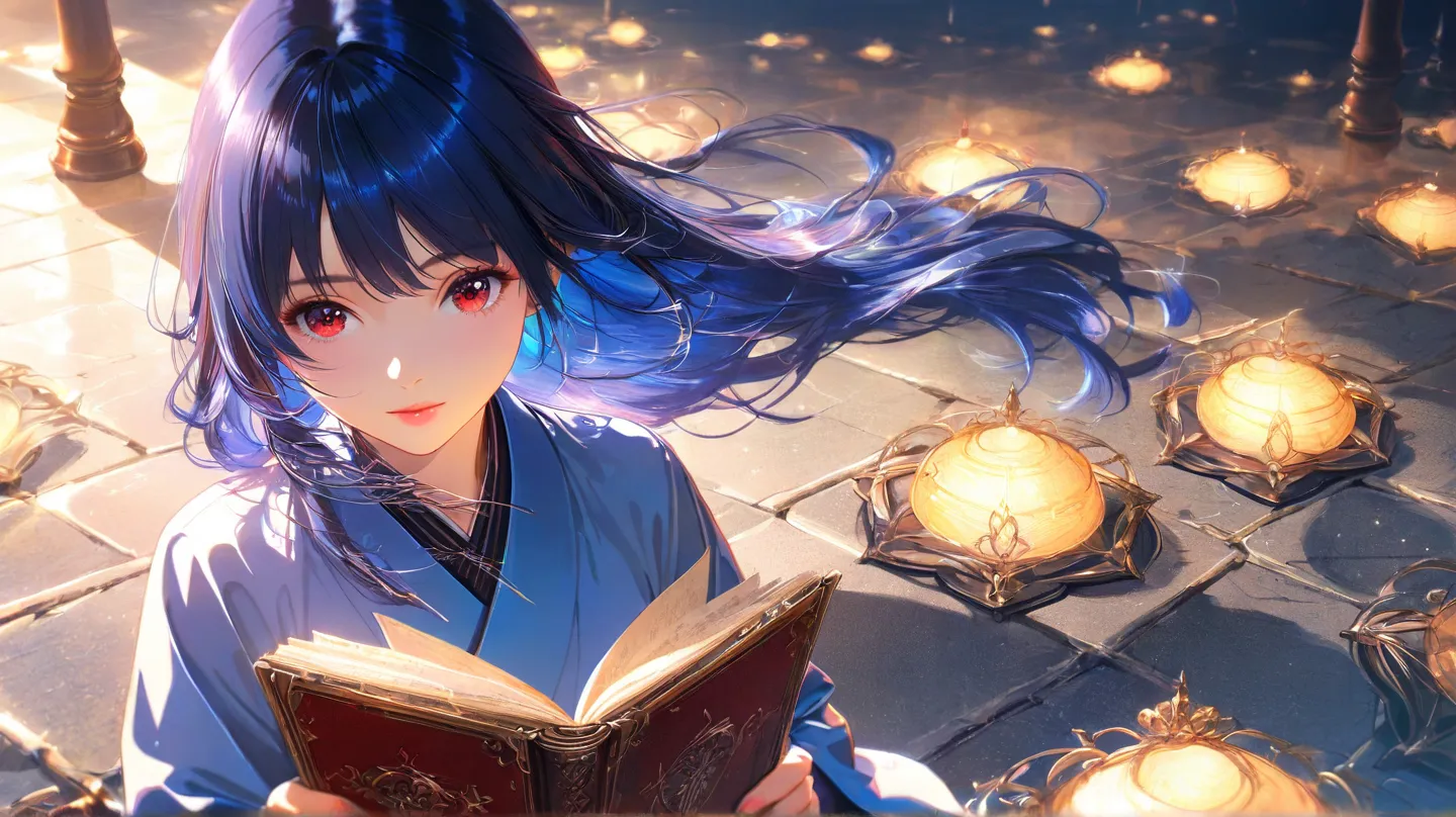 An anime girl s, with long dark blue hair, red eyes, Floor with paving stones, Big book in hand