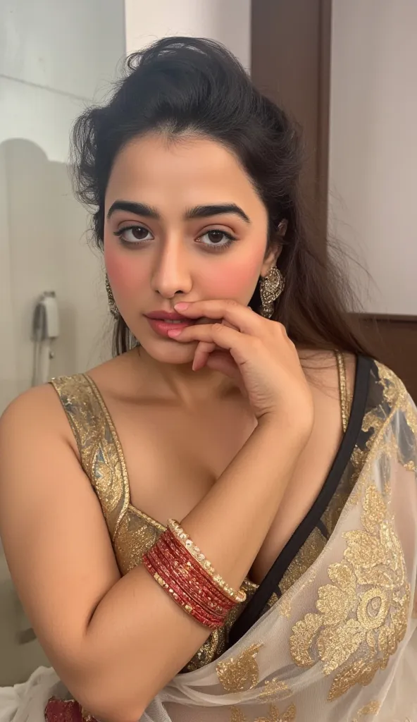 Indian beautiful woman sexy bhabhi, Copper colour strapless Sleeveless blouse,very deep cleavage,curvy plus size model wearing transparent white pink floral color saree ,Copper colour satin glossy strapless sleeveless blouse, plenty of red and white bangle...