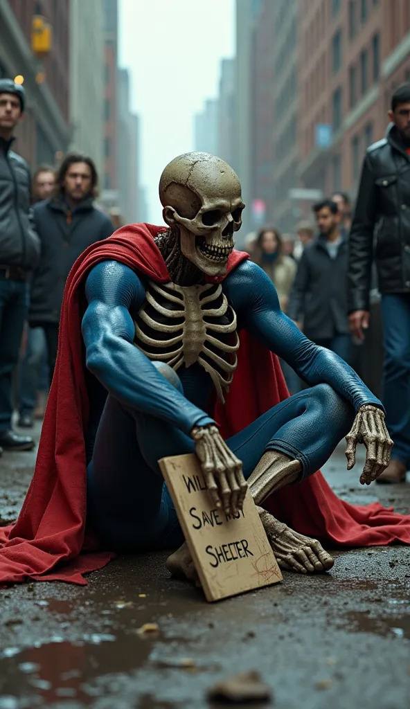 Superman, gaunt and skeletal with ribs visible, sits slumped in a grimy city alley. His torn blue suit and dirt-streaked red cape drape over bony shoulders. A cracked sign leans against his knees: *"Will save for shelter."* Crowds of people pass by, eyes a...