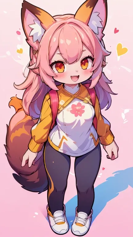 Create a unique sticker, female hairy rainbow fox, fox ears, a fox tail, wide hips, white skin body, full body, standing,  chibi. ((( Fox skin on the body, fox stripes on the body, visible ears  ))), (( long pink hair)), hair clip, ((very happy)), ((Open M...