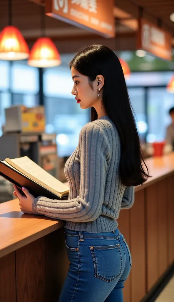 (Highest quality, masterpiece, raw image, ultra high resolution, 16K), a fast food restaurant as background, (a beauty Asian woman who standing in front of cashier, is holding an order menu on her hands, and checking contents of the menu book), woman weari...