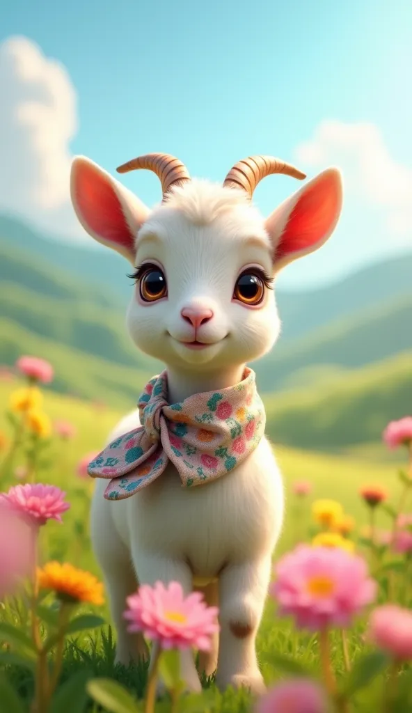 A hyper-realistic image of a charming baby goat standing in a sunlit meadow filled with colorful wildflowers. The goat has soft, white fur with a slight golden glow under the sunlight. It has expressive, warm brown eyes and a small pink nose. Its ears are ...