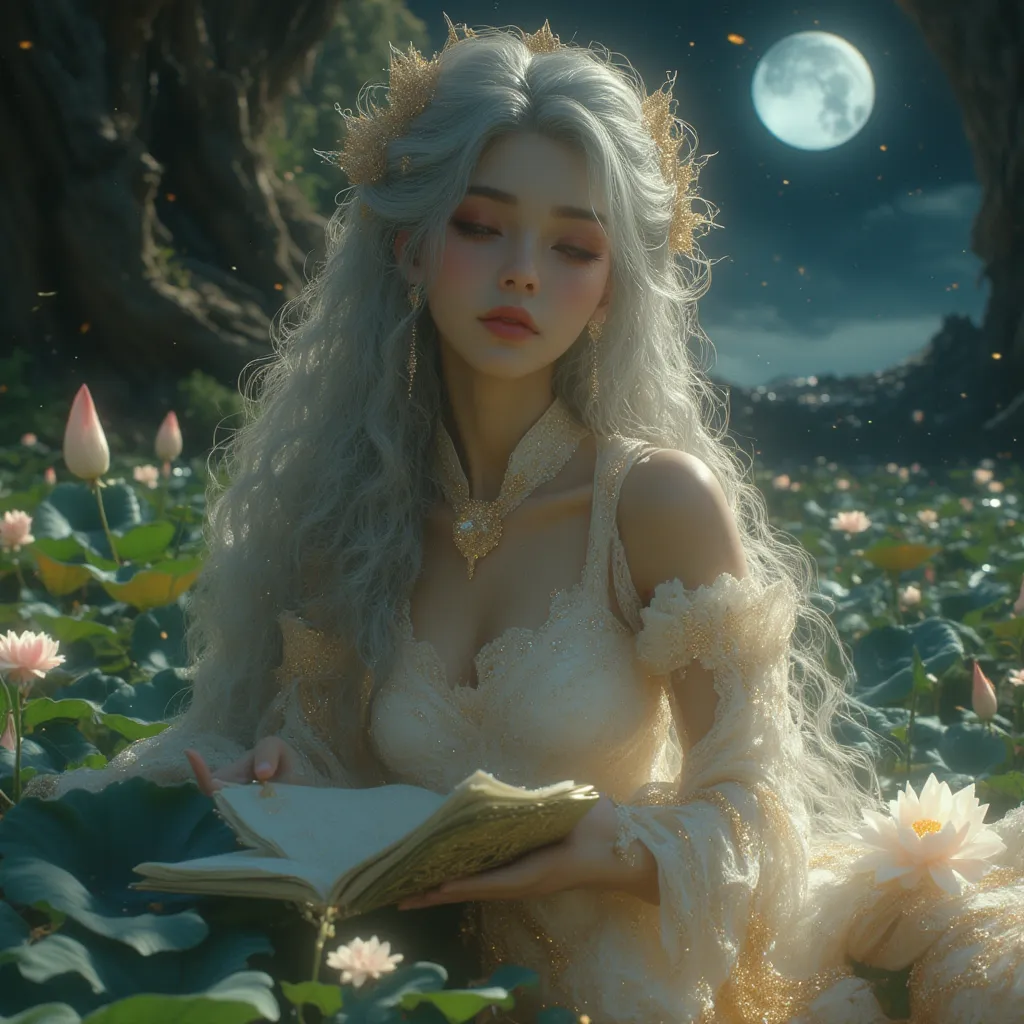 realistic style ,1 Goddess,   Silver Long Hair，Hair tips dyed gold ，Physics-Based Rendering,  Extremely detailed description ,  major ,  moon、Starlight、glowing crystal cave 、Sleeping on lotus、Vast lakeside，high quality, Best Quality,  High detail, masterpi...