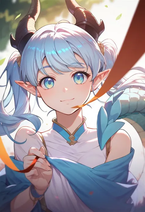 1girl, pretty, cute, light blue hair, long hair, twintail, bangs, cyan eyes, dragon horn, dragon tail, elf, aesthetic, manhwa