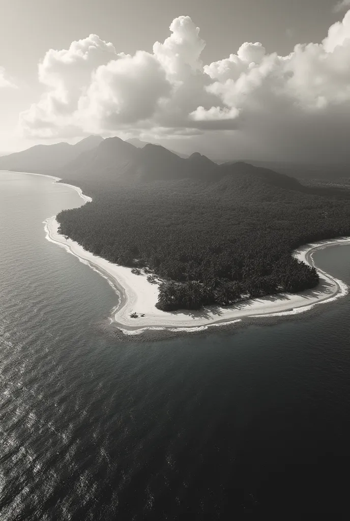 1. United States, 1940. 2. A tropical island, 1940. 3. A tropical island, surrounded by the sea, panoramic view from above, 1940. 4. At noon. 5. Like a retro portrait, in black and white, with all the details of the time, 1940. 6. Yellowed edges, grains an...