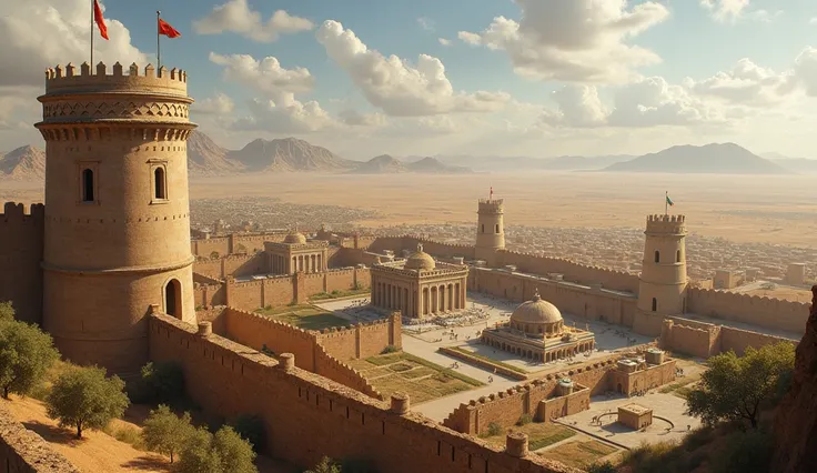 show an ancient Persian city from the top of a watchtower, the defense walls around the city, flags waving on towers, large beautiful palaces in the city, many ordinary buildings and people can be seen from distant, background is a desert and grass field, ...