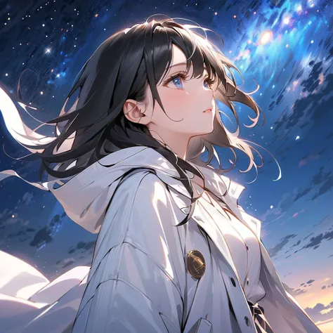 ( Hi-Res), 星 look up at the sky美女 、２８age、 strong eyes  、Willpower 、 length, Shiny long black hair swaying in the wind、alone、  sky-like life on the Koran、１０００ Starry Night Sky 、 Wear a white contemporary coat 、 doesn't forget the feeling of the day 、 listen...