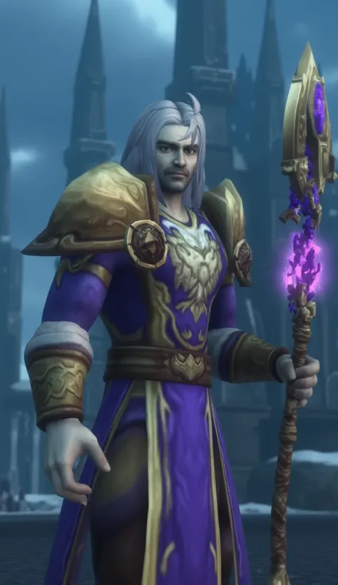 ((Hyperrealistic)) ((Photorealistic)) Show me a simple magician starting to learn the magical arts. The character is male in his 20's, has a simple purple robe and a simple mage staff. Bacground is Stormwind City.