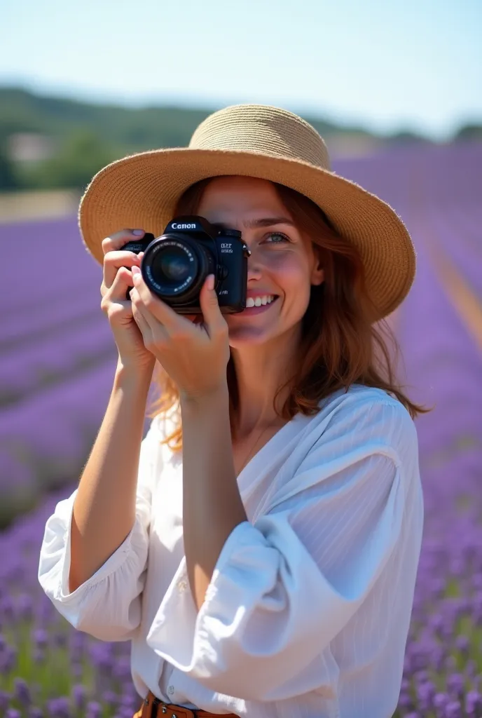 Élise, a 32-year-old architect with shoulder-length chestnut hair and green eyes, wearing a flowy white blouse and wide-brimmed hat, holds a camera up to her eye, capturing the endless rows of blooming lavender under the midday sun. (Vibrant colors:1.2), (...