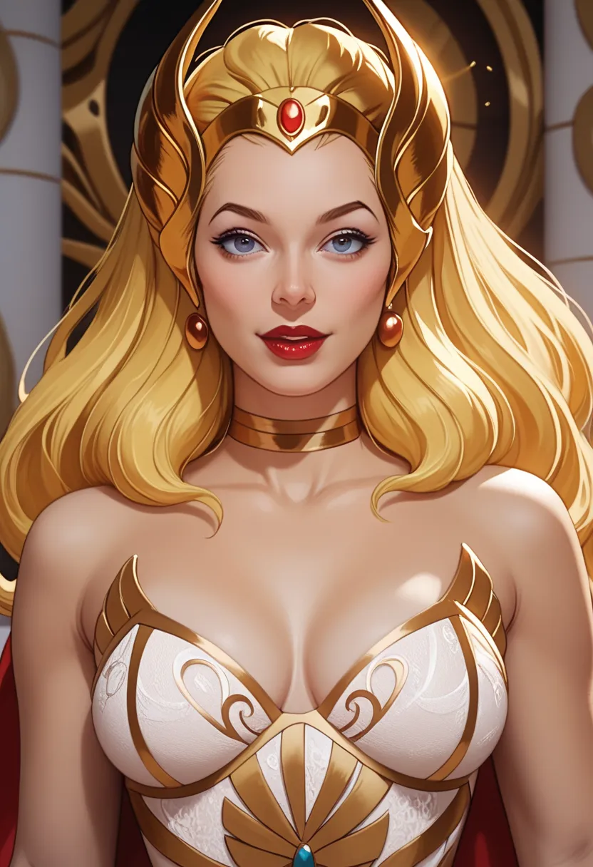 realistic 1.2,  masterpiece,  red lipstick,  better quality,  detailed eyes,  detailed nose,  High quality, Character She-Ra Princess , golden tiara,  big ,  perfect body,  blond hair, white and gold lingerie ,  thigh-high boots .  The level of detail is i...