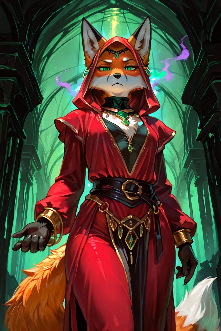 ((masterpiece, best quality, ultra detailed)), ((furry, anthro)), ((arabian, dark fantasy)), ((male, man)), ((solo)), ((fox)). brownish-red fox with black line, warlock also necromancer, emerald eyes, fluffy tail with white tip, wearing a sexy black and da...