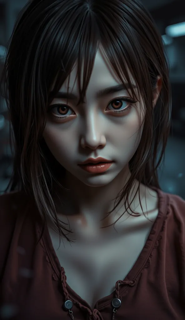 A close-up portrait of Hanako-san, captured in a highly realistic, gloomy style. The image focuses on her face and upper torso, revealing every detail of her pale, sorrowful complexion and haunted eyes. Her unkempt, loosely falling hair frames her face, ac...