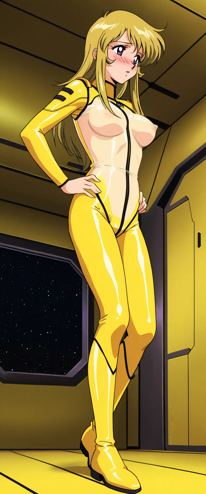 score_9, score_8_up, score_7_up,(nsfw:1.5),1990s (style), anime coloring,1woman,solo, fyuk1,mori yuki, 21 years old,blonde hair, purple eyes, long hair,(see-through yellow_bodysuit:1.5),BREAK,(standing up:1.3),open stance,hands on hip,BREAK,blush,embarrass...