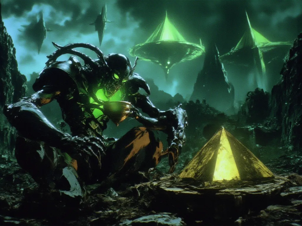 dvd screenshot of 1987 Dark Souls fantasy film, scene of a alien-robot drinking green atomic liquid from a cup, ships shaped like luminous pyramids in the sky, graindarkfantasy