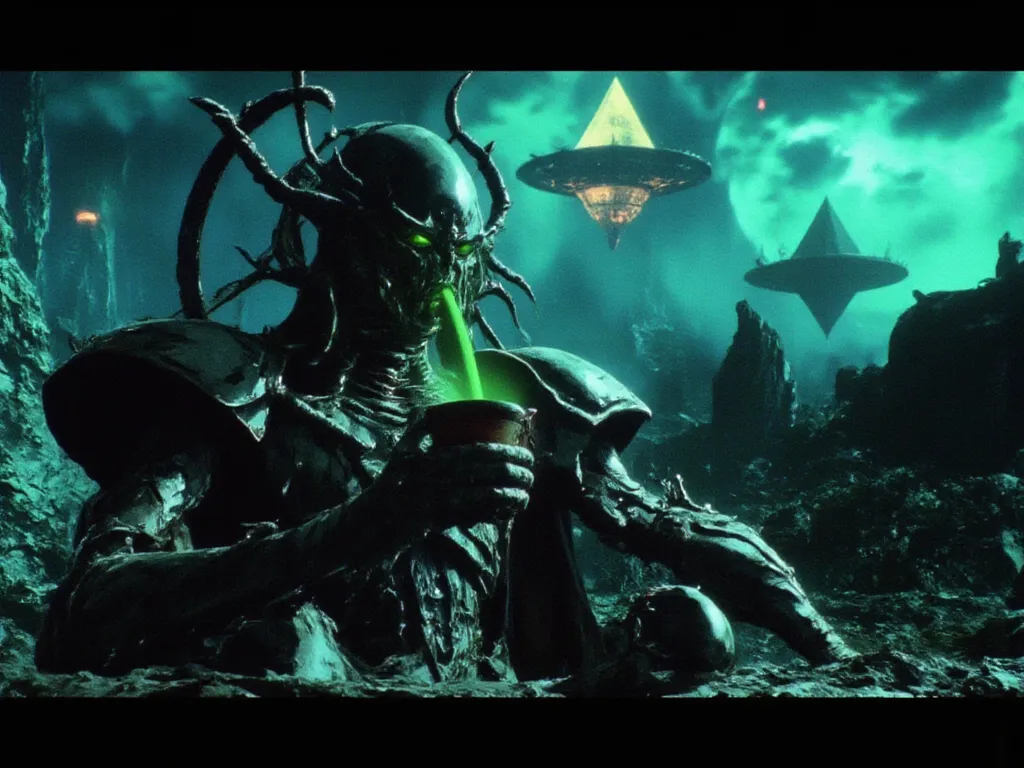 dvd screenshot of 1987 Dark Souls fantasy film, scene of a alien-robot drinking green atomic liquid from a cup, ships shaped like luminous pyramids in the sky, graindarkfantasy