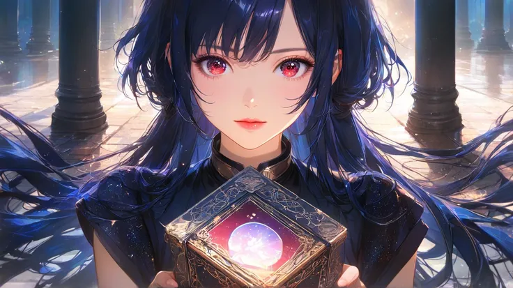 An anime girl s, with long dark blue hair, red eyes, Floor with paving stones, Big book in hand