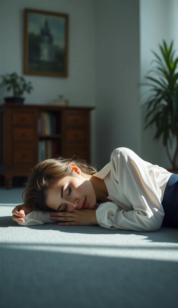  Ultrarealistic image . An office room. A woman lies asleep on a floor. A beautiful 20-year-old woman. She has a narrow face with high cheekbones. She has dark blond hair. The woman is wearing a white blouse. The woman is wearing a dark blue business skirt...