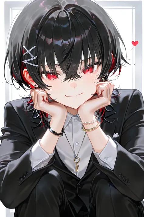 boy、 black hair、wolf cut、1 person、White inner color、Black Nails、red nails 、White nails 、Bachi bachi earrings、 teardrop bags、Tear mole、 black ribbon、 hairpins、 heart、key、smile、sling、has poor eyesight、beautiful、necklaces、bracelet、clavicle、Little Devil、 red e...