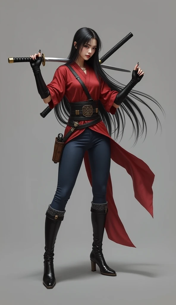  Woman/ Long straight black hair/ brown eyes/ full body/Classic Oriental Red Shirt/ Two ninja swords across the back/ blue latex pants/  Black Half-Finger Gloves /Women's black knee-high boots/ full body/ Leather belt with weapons/ Holster with revolver on...