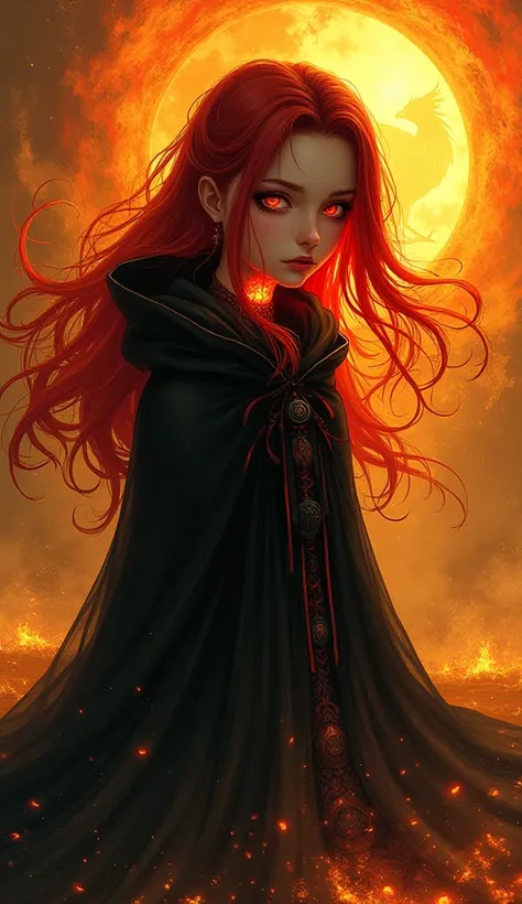 A girl wrapped in a black cloak, with flowing red hair, kneels amidst a swirling, vibrant golden mist. The intense concentration on her face casts a haunting yet captivating glow across her features. In the background, there is a Phoenix and deep shadows i...